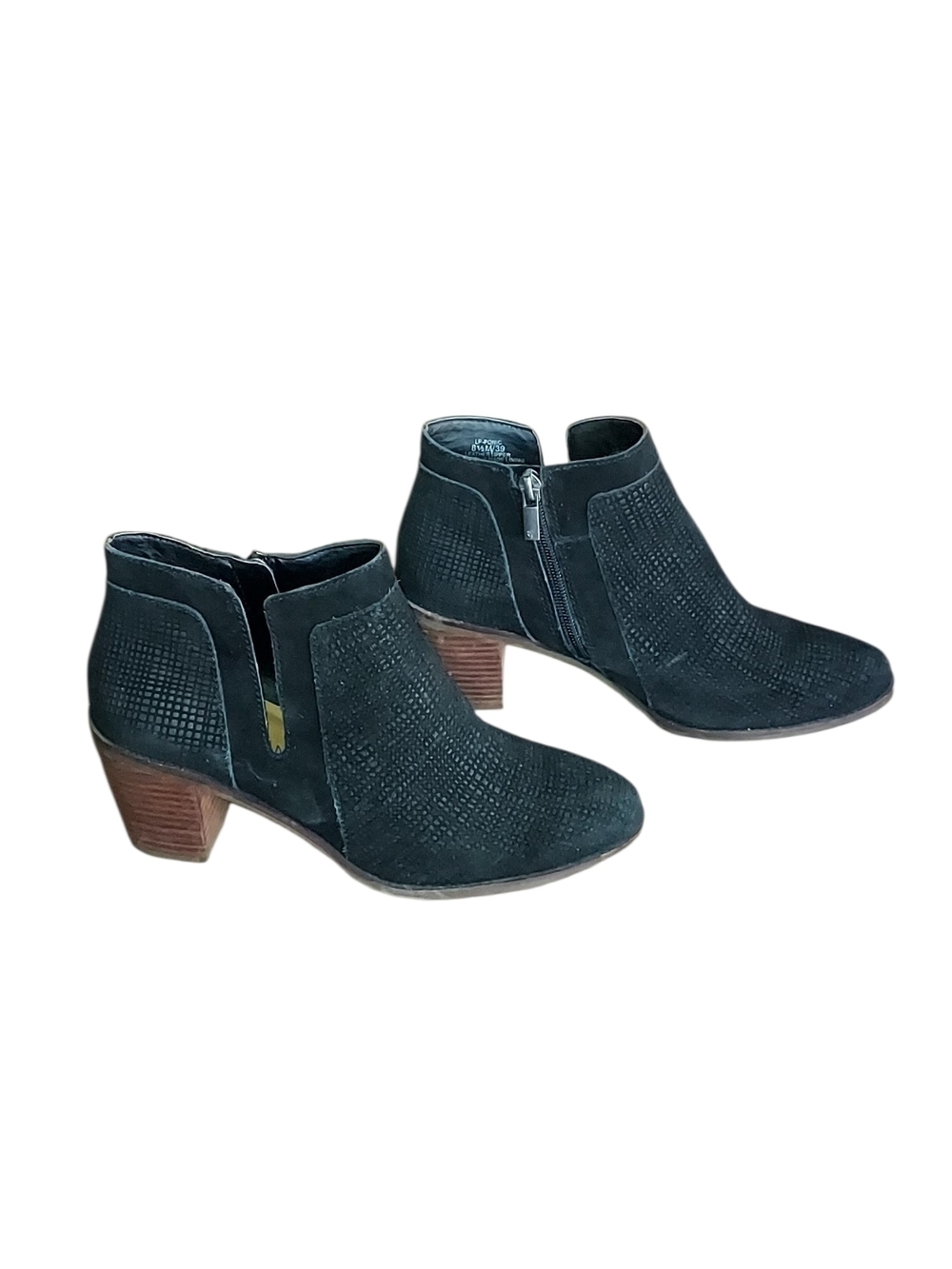 Lucky Brand Black Suede Perforated Ankle Booties with Brown Stacked Heel